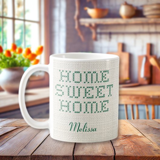 Rustic Faux Cross-Stitch Home Sweet Home Groen Koffiemok