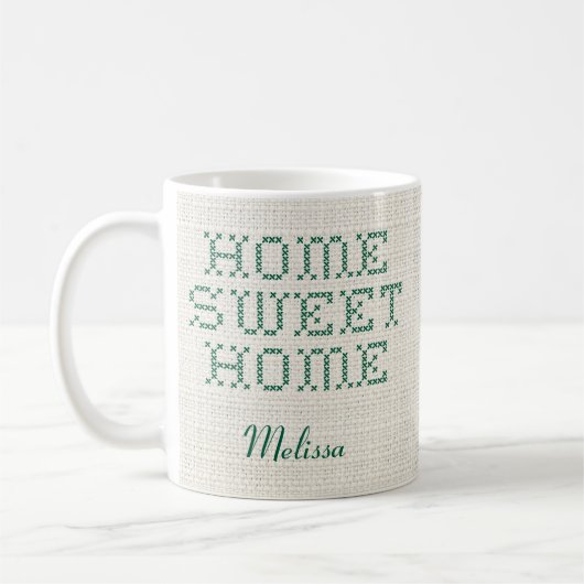 Rustic Faux Cross-Stitch Home Sweet Home Groen Koffiemok (Links)