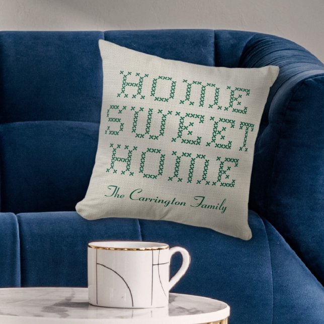 Rustic Faux Cross-Stitch Home Sweet Home Groen Kussen (Rustic and Charming Faux Cross-Stitch Home Sweet Home Green Throw Pillow)