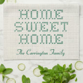 Rustic Faux Cross-Stitch Home Sweet Home Groen Theedoek (Gevouwen)
