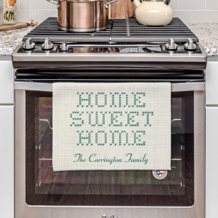 Rustic Faux Cross-Stitch Home Sweet Home Groen Theedoek