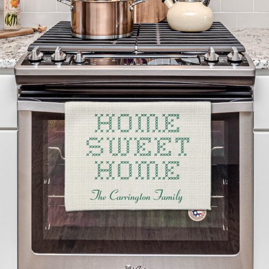 Rustic Faux Cross-Stitch Home Sweet Home Groen Theedoek