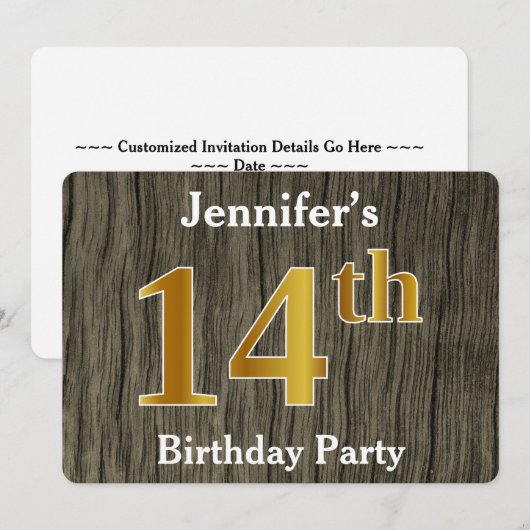 Rustic, Faux Gold 14th Birthday Party; aangepaste Kaart (Voorkant / Achterkant)
