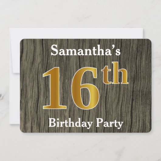 Rustic, Faux Gold 16th Birthday Party; aangepaste  Kaart (Voorkant)