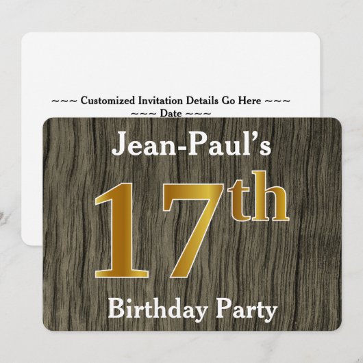 Rustic, Faux Gold 17th Birthday Party; aangepaste Kaart (Voorkant / Achterkant)