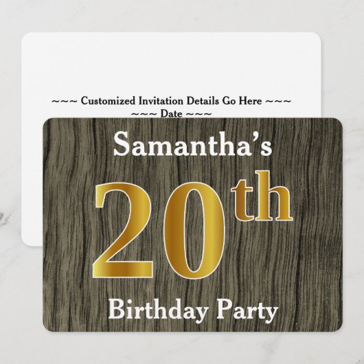 Rustic, Faux Gold 20th Birthday Party; aangepaste Kaart (Voorkant / Achterkant)
