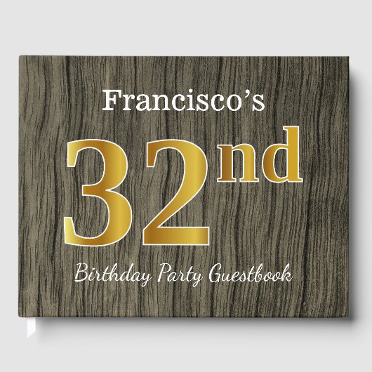 Rustic, Faux Gold 32nd Birthday Party; aangepaste  Gastenboek (Voorkant)