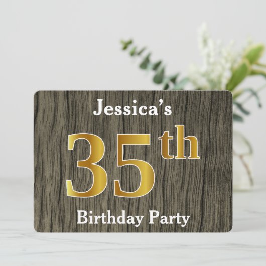 Rustic, Faux Gold 35th Birthday Party; aangepaste Kaart (Staand voorkant)