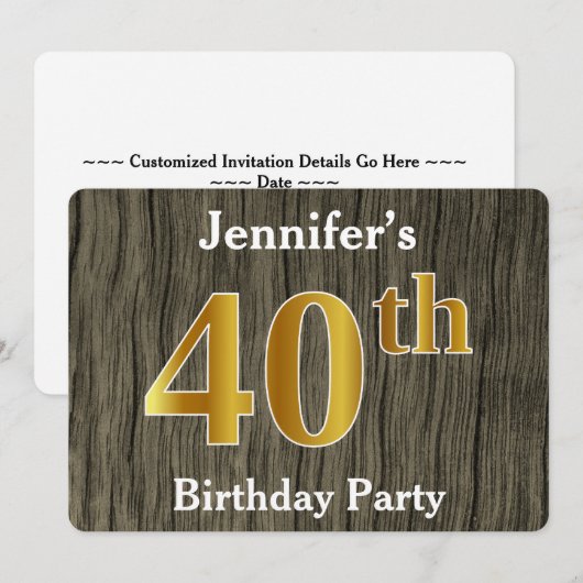 Rustic, Faux Gold 40th Birthday Party; aangepaste Kaart (Voorkant / Achterkant)
