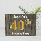 Rustic, Faux Gold 40th Birthday Party; aangepaste Kaart (Staand voorkant)