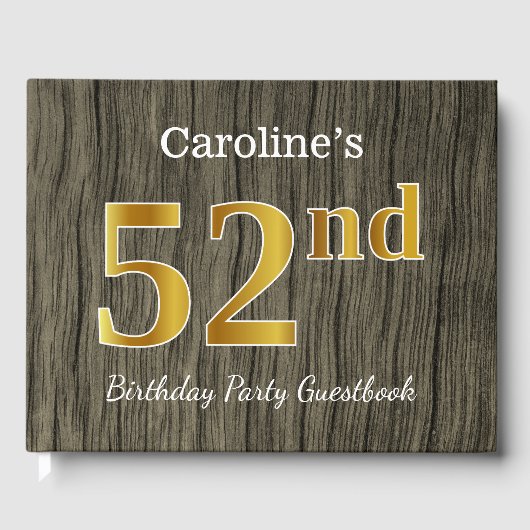 Rustic, Faux Gold 52nd Birthday Party; aangepaste  Gastenboek (Voorkant)