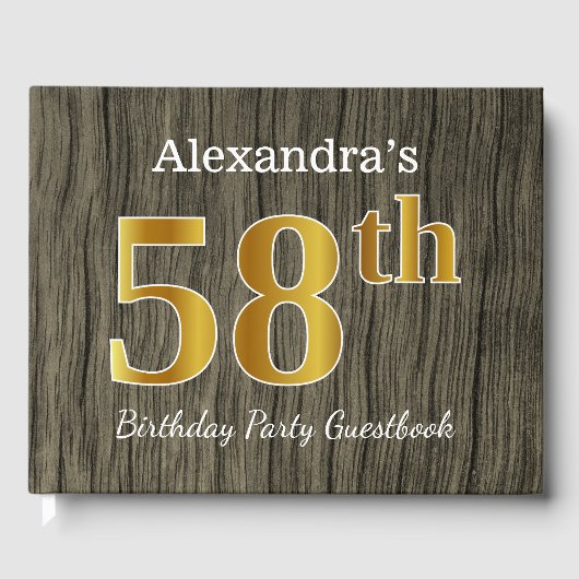 Rustic, Faux Gold 58th Birthday Party; aangepaste  Gastenboek (Voorkant)