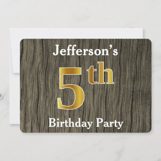 Rustic, Faux Gold 5th Birthday Party; aangepaste n Kaart (Voorkant)
