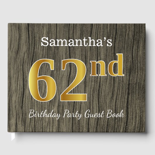 Rustic, Faux Gold 62nd Birthday Party; aangepaste  Gastenboek (Voorkant)