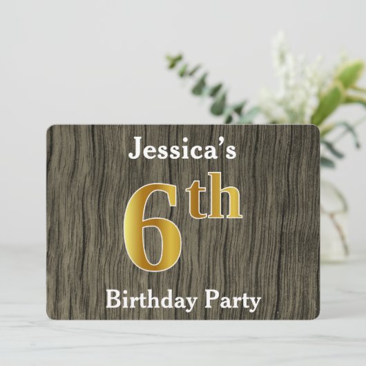 Rustic, Faux Gold 6th Birthday Party; aangepaste n Kaart (Staand voorkant)