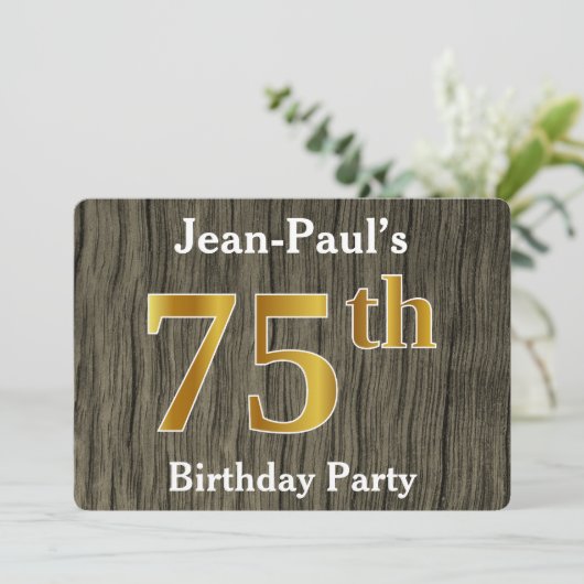 Rustic, Faux Gold 75th Birthday Party; aangepaste  Kaart (Staand voorkant)