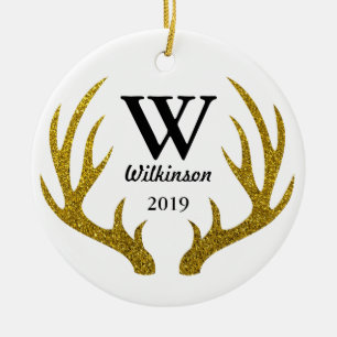 Rustic Faux Gold Glitter Deer Antlers familienaam Keramisch Ornament