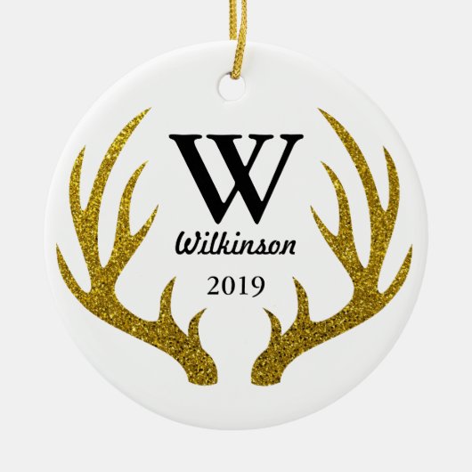 Rustic Faux Gold Glitter Deer Antlers familienaam Keramisch Ornament (Voorkant)