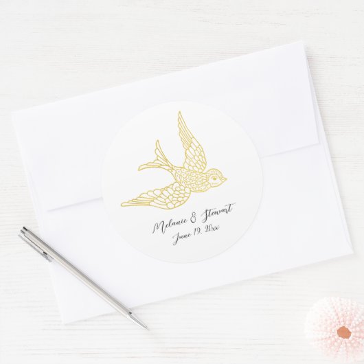 Rustic Faux Gold Swallow Bird Illustration Wedding Ronde Sticker (Envelop)