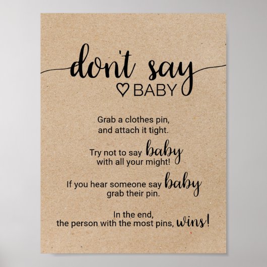 Rustic Faux Kraft Calligraphy Zeg geen Baby Sign Poster (Voorkant)