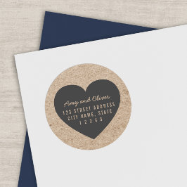 Rustic Faux Kraft Gray Heart Couple Return Address Ronde Sticker