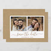 Rustic Faux Kraft Paper Gold Wedding 2 Foto Save The Date (Voorkant / Achterkant)