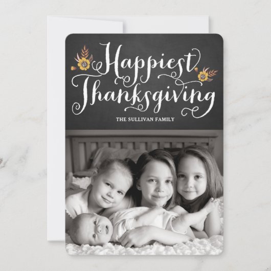 Rustic Faux Krijtbord Gelukkigste Thanksgiving Fot Feestdagenkaart (Voorkant)