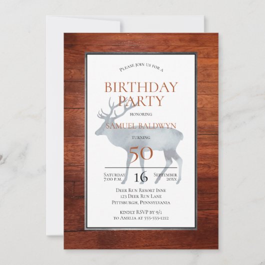 Rustic Faux Wood Antlered Deer Birthday Party Kaart (Voorkant)