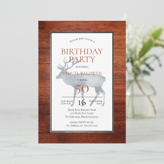 Rustic Faux Wood Antlered Deer Birthday Party Kaart (Staand voorkant)