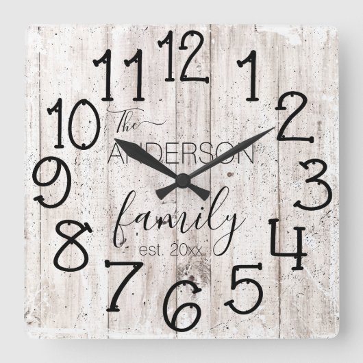Rustic Faux Wood Barn Farmhouse Custom Family Name Vierkante Klok (Voorkant)