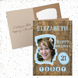 Rustic faux wood brown blue 21st jarig kaart