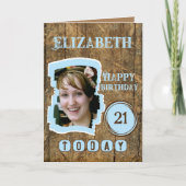 Rustic faux wood brown blue 21st jarig kaart (Voorkant)