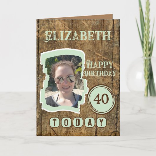 Rustic faux wood brown green 40e verjaardag kaart (Voorkant)