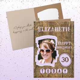 Rustic faux wood brown lila 30e verjaardag kaart
