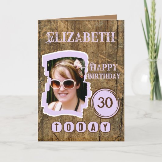 Rustic faux wood brown lila 30e verjaardag kaart (Voorkant)