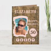 Rustic faux wood brown roze 50ste verjaardag kaart (Voorkant)