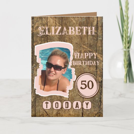 Rustic faux wood brown roze 50ste verjaardag kaart (Voorkant)
