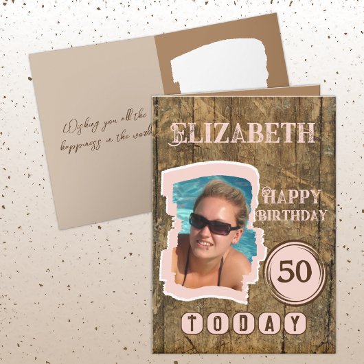 Rustic faux wood brown roze 50ste verjaardag kaart