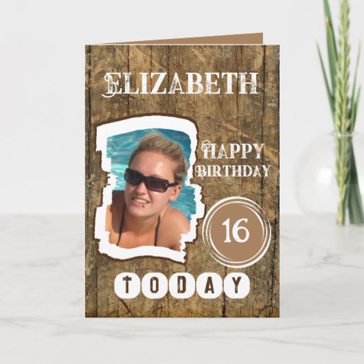 Rustic faux wood brown white 16th jarig kaart (Voorkant)