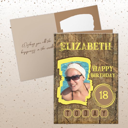 Rustic faux wood brown yellow 18th jarig kaart