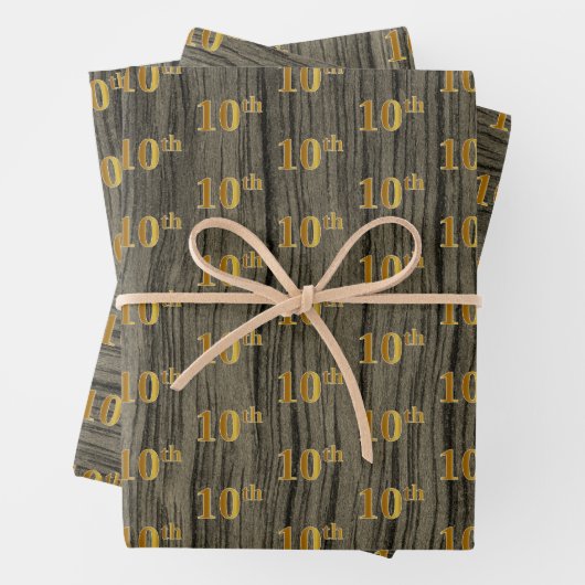 Rustic Faux Wood Grain, Elegant Faux Gold "10th" Inpakpapier Vel (In situ)