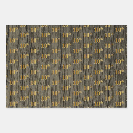 Rustic Faux Wood Grain, Elegant Faux Gold "10th" Inpakpapier Vel (Voorkant)