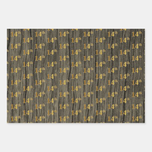 Rustic Faux Wood Grain, Elegant Faux Gold "14th" Inpakpapier Vel (Voorkant)