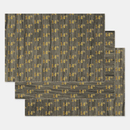 Rustic Faux Wood Grain, Elegant Faux Gold "14th" Inpakpapier Vel