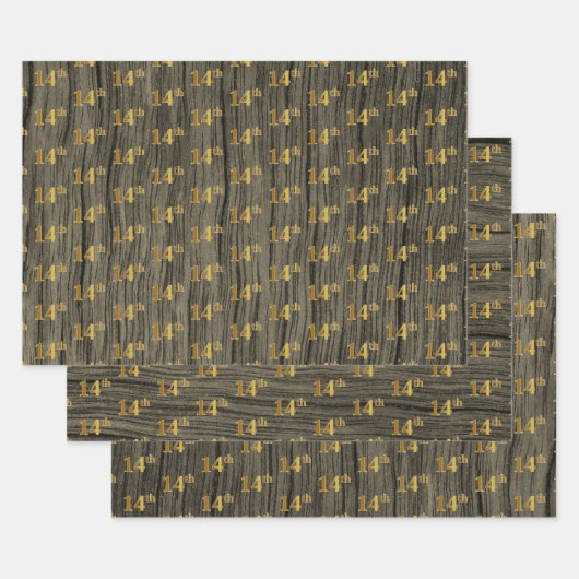 Rustic Faux Wood Grain, Elegant Faux Gold "14th" Inpakpapier Vel (Set)