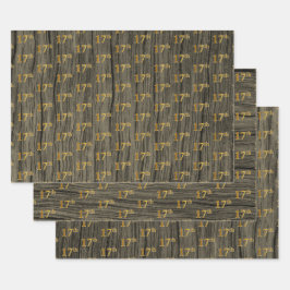 Rustic Faux Wood Grain, Elegant Faux Gold "17th" Inpakpapier Vel