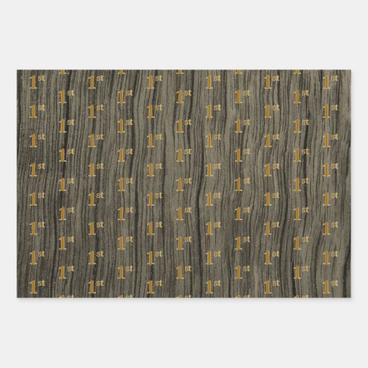 Rustic Faux Wood Grain, Elegant Faux Gold "1st" Inpakpapier Vel (Voorkant 3)
