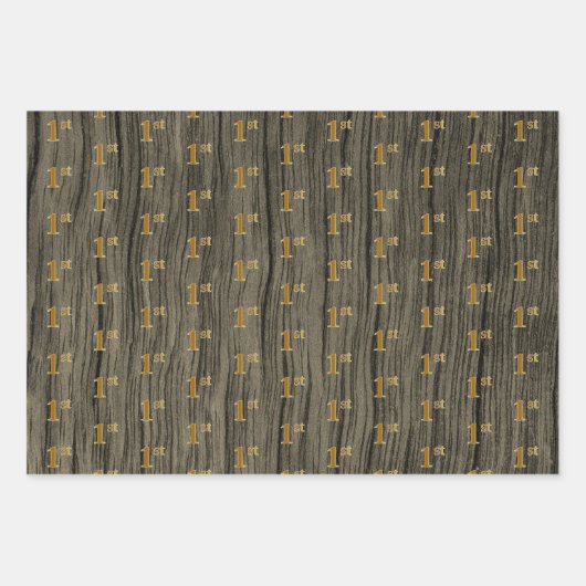 Rustic Faux Wood Grain, Elegant Faux Gold "1st" Inpakpapier Vel (Voorkant)