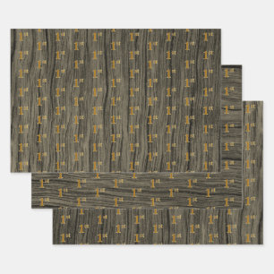 Rustic Faux Wood Grain, Elegant Faux Gold "1st" Inpakpapier Vel