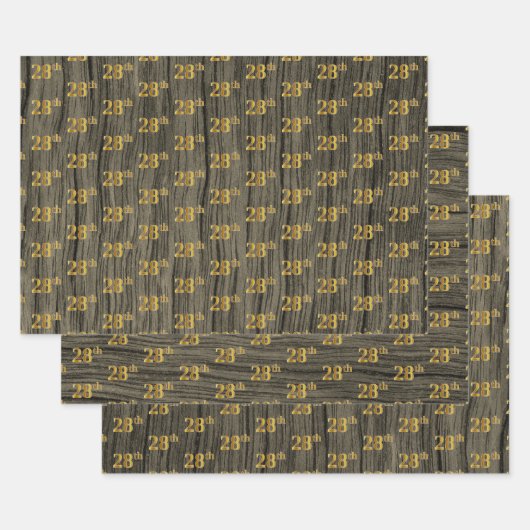 Rustic Faux Wood Grain, Elegant Faux Gold "28th" Inpakpapier Vel (Set)